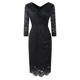 Casual Dresses Elegant Floral Lace Long Sleeve Midi Dress For Women 2024 Vintage Slim Work Wear Office Lady Pencil Formal Party