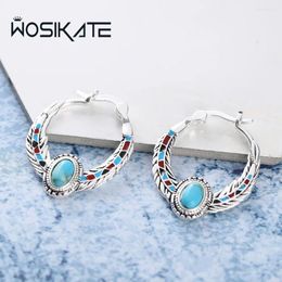 Hoop Earrings WOSIKATE Luxury Inlaid Turquoise Eagle Feather For Women Vintage 925 Silver Fashion Jewellery Party Wedding
