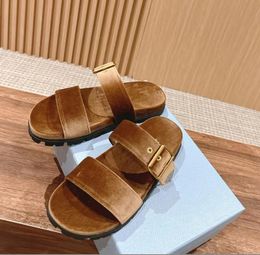 Designer Shoes Luxury Velvet Slides fashion Triangle Women slipper suede Platform Scuffs Casual Beach sandal Size 35-41