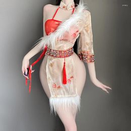 Bras Sets Sexy Lingerie Classical Mongolian Girl Cosplay Costumes Exotic Tribal Princess Plush See-Through Cheongsam Uniform Underwear Set