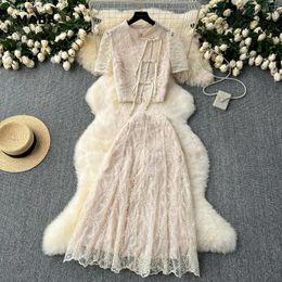 Work Dresses High Grade Runway Two Piece Set Women Lace Mesh Embroidery Shirt Top And Sweet Long Skirt Fashion Party Celebrity Outfits 2024