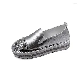 Casual Shoes Women's Single Round Toe Leather Flat Silver Loafers Platform Size 43