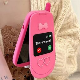New Pink Girly Foldable Makeup Mirror There's A Call Mobile Phone Design Cute Cases for Iphone 15 Pro Max