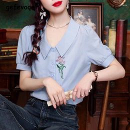 Women's Blouses 2024 Summer Women Vintage Chinese Style Embroidery Sweet Button Shirts Elegant Short Sleeve Slim Blouse Casual Solid Cotton