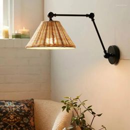 Wall Lamps Japanese Wabi-sabi Lamp Vintage Rattan Sconce Folding Long Swing Arm Lights For Home Bedroom Living Room Decor