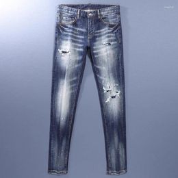 Men's Jeans Fashion Designer Elastic High Quality Retro Wash Blue Slim Fit Split Colored Brand Pants Hombre