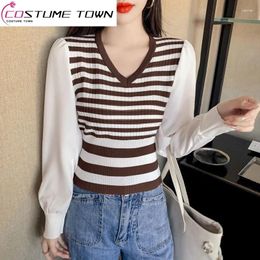 Women's Polos Early Spring Top 2024 Waist Small Shirt Chiffon Spliced V-Neck Stripe Knitted Long Sleeve Underlay