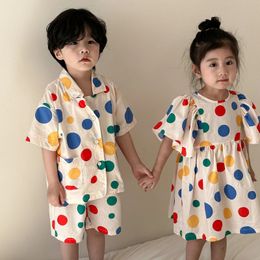 Summer Siblings cotton colorful dot Clothes Girls big sleeve princess dress Boys thin soft short sleeve clothes sets 240508