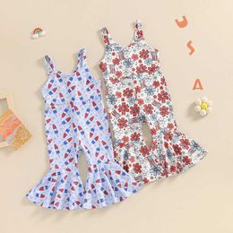Jumpsuits 4th of July Outfits Summer Toddler Girls Romper Jumpsuit For Newborn Flower Flag Print Sleeveless Bell Bottom Overalls Clothes Y2405209LQ4
