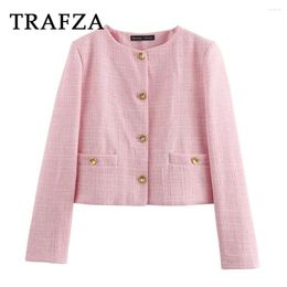 Women's Suits TRAFZA 2024 Women Spring Summer Office Lady Solid Blazers Single Breasted Texture Jacket O-Neck Fashion Casual Blazer