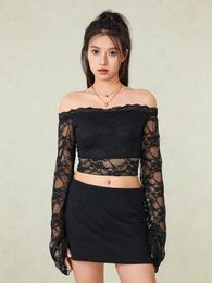 Women's T Shirts Women Sexy Lace Long Sleeve Crop Tops Backless Slim Fit Blouse Tee Top Clubwear