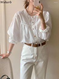 Women's Blouses Korean Blouse Clothing O-neck Lantern Sleeve Summer Shirts Camisas De Mujer Loose Vintage Hollow Out White Tops