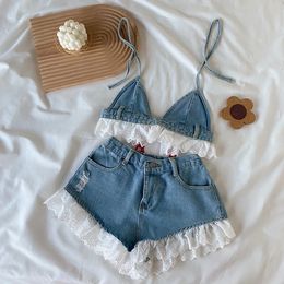 Summer clothing set for teenage girls aged 3-16 sleeveless denim crop shirtjeans shorts childrens clothing set 240511