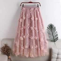 Skirts Dearetro's High-waisted Slim Double Mesh A-line Skirt Embroidered Midi Dress