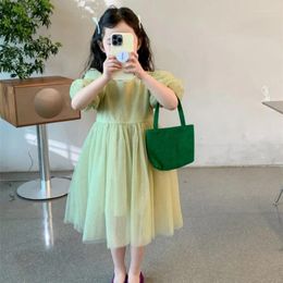 Girl Dresses Summer Korean Girls Casual Solid Color Cotton Tutu Skirt O-neck Puff Sleeves Mesh Princess Dress Kids Clothes