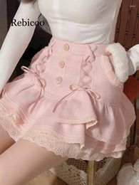 Skirts Japanese Kawaii Lolita Mini Skirt Women Winter Lace Casual Elegant Sweet Female High Waist Bandage Korean 2024