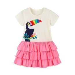 Girl's Dresses Jumping Metres 2024 Princess Girls Dress Bird Embroidered Short sleeved Cotton Toddler Baby Frog Childrens Clothing Layered Dress d240520