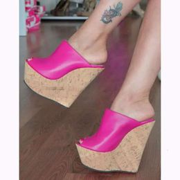Fashion Peep Women Toe High Platform Wedge Blue Red Pink Flipper Sandals Height Incr 754