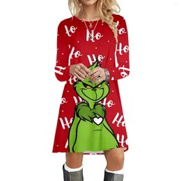 Casual Dresses Christmas For Womens Grinched Printed Graphic Mini Dress Funny Green Costume Festive Long Sleeve Elegant Pullover