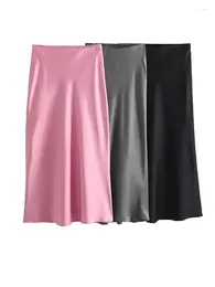 Skirts Summer Pink Satin Women Casual High Waist Solid Colour Midi Skirt