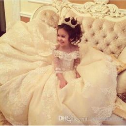 Princess Lace Flower Girl Dresses For Wedding Party Off Shoulder Wide V Neck Ball Gown Little Girl Pageant Dresses Gowns 224p