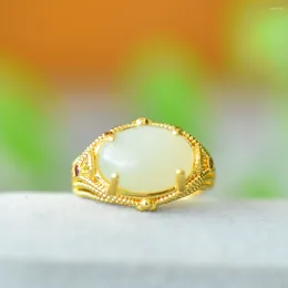 Cluster Rings Natural Hetian Jade Ring Gemstone Gold Plated Fashion Women Jewellery Accessories For Girls Adjustable