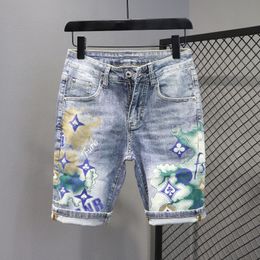 Men's Jeans shorts Designer Personalised Internet Celebrity Print Five Point Denim Shorts for Men Summer Thin Style Brand Versatile Elastic Handsome Asian size