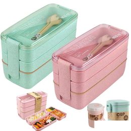 Lunch Boxes Bags Wheat St Box For Kids Tuppers Food Containers School Cam Supplies Dinnerware Leak-Proof 3 Layer Bento Boxes C0608X2 Dhnoz