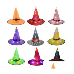 Party Hats Halloween Glowing Witches Hat With Led Light Outdoor Suspension Tree Hats Home Party Decoration Cosplay Costume Props Drop Dhagp