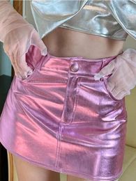 Skirts Summer Autumn Pink Silver Reflective Shiny Patent Leather Mini For Women High Waist A Line Short Sexy Y2K Clothes