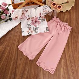 Clothing Sets Summer Girls Set Casual Style Polyester One Shoulder Printed Ruffled Top and Solid Colour Pants Belt Cutout Fashion Y2405205D3M