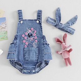 Jumpsuits 0-24M Baby Girls Denim Romper Flower Rabbit Embroidery Sleeveless Suspender Bodysuits with Headband Infant Clothes Easter Y240520YJDQ