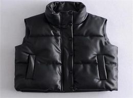 Women039s Vests Womens Puffy Down Black Pu Leather Woman Jacket Coat Autumn Winter Outwear Puffer Female Sleeveless 2209123178253