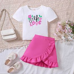 Clothing Sets Girls Summer New Valentines Day Letter LOVE Printed T-shirt with ruffle edge skirt set Y24052099AU