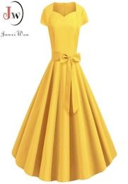 Summer Solid Yellow Color 50s 60s Vintage Dres Short Sleeve Square Collar Elegant Office Party Midi Dresses Belt 2107018944588