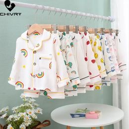 Childrens Summer Thin Pajama Set Boys and Girls Cotton Linen Cartoon Long sleeved Flip Collar Shirt Top Baby Pajamas 240514