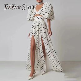 TWOTWINSTYLE Hit Colour Two Piece Sets For Women Square Collar Puff Sleeve Tops High Waist Split Skirt Summer Set Female Fashion 240511