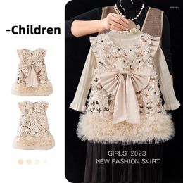 Girl Dresses Girls Wool Sequin Bow Sundress Autumn And Winter Korean Version Of Baby Plus Fleece One Year Old Dress Princess