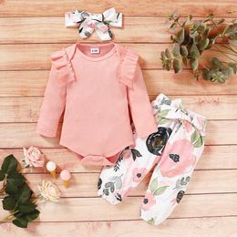 Clothing Sets 3pcs Newborn Baby Girl Clothes 3-18M Lovely Long Sleeve Suit Set/ Ribbed Ruffle Plain Bodysuit + Floral Pants + Headband Y240520P0FE