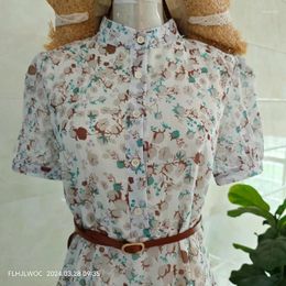 Casual Dresses Romantic Belt Shirt 2024 Summer Holiday Cute Girls Flower Retro Chic Korea Temperament Lady Floral Vintage Long Dress