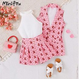 Clothing Sets MiniFox 3pcs Summer Suit For Girls Kids Clothes Pink Bears Coat+Halter Top and Shorts Toddler Children Clothing Girls Outfit Set Y2405204BS5