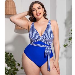 Plus Size One Piece Swimsuit Woman 2022 Fashion Deep V Neck Striped Print Patchwork Elegant Swimwear Cross Belt Bikinis L2405