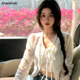 Women's Knits Women Cardigan Lace Up Creativity Summer Breathable All-match Solid Colour Holiday Retro Casual Korean Style Sweet Clothing