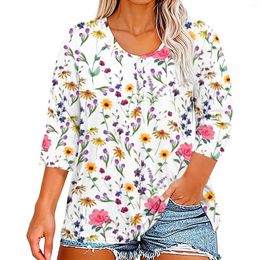 Women's T Shirts 3/4 Sleeve For Women Print Graphic Tees Button V-Neck Blouses Casual Plus Size Basic Tops Pullover Youthful Woman Clothes