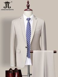 Jacket Pants Luxury Brand Fashion Solid Colour Mens Formal Casual Business Office Suit 2Pcs Set Groom Wedding Dress Party 240515