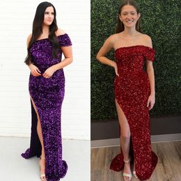 One-Shoulder Formal Party Dress Velvet Sequin Lady Pageant Prom Evening Event Hoco Gala Cocktail Red Carpet Long Gown Photoshoot Guest High Side Slit Emerald Purple