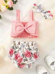 Clothing Sets 0-3-year-old newborn baby girl summer butterfly ribbon floral print shorts fashion set J240518