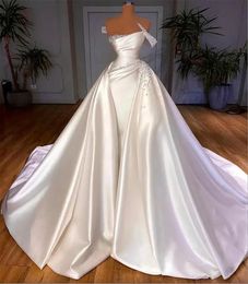 Elegant Satin Church Wedding Dress 2024 Vintage One Shoulder Pearls Beaded Ruched A Line Wedding Bride Gowns Arabic Dubai Vestido De Noiva
