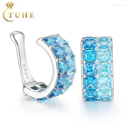 Hoop Earrings Princess Cut Gradient Blue CZ Cuff High Quality 925 Sterling Silver Clustered Diamond Men's Jewellery Gift