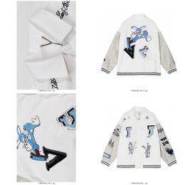 Designer V Women's Baseball Jacket Men's Bugs Bunny Towel Embroidered Woolen Leather Baseball Jacket Couple Varsity Baseball Jacket